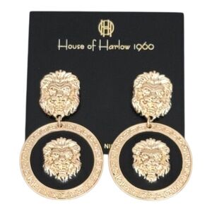 New House of Harlow 1960 Lion Head Black Gold Dangle Earrings Medusa Retro Regal